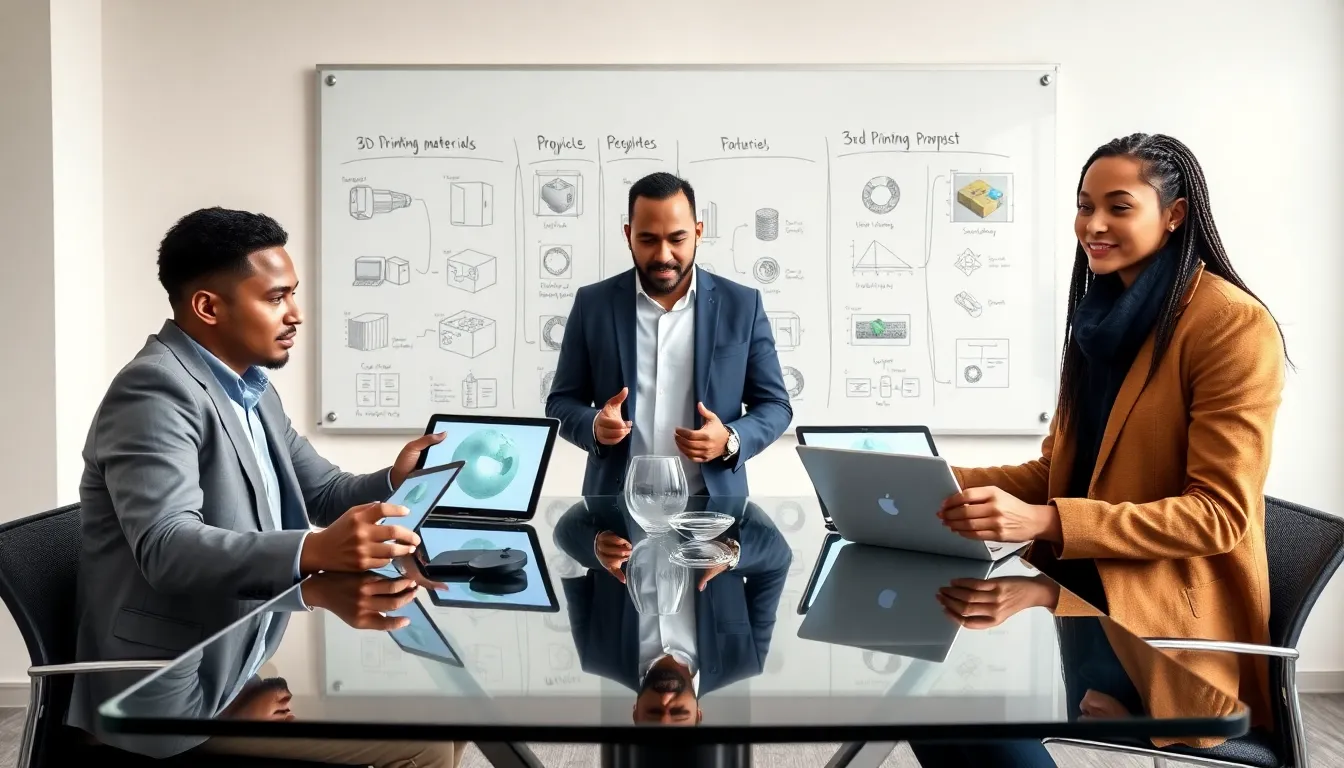 professionals discussing 3D printing materials in a modern office