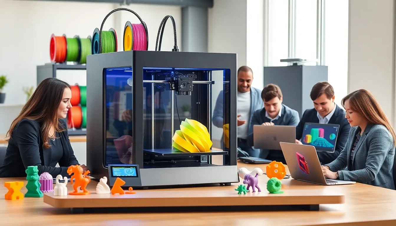 3D printer in a modern office creating a vibrant multicolor object.