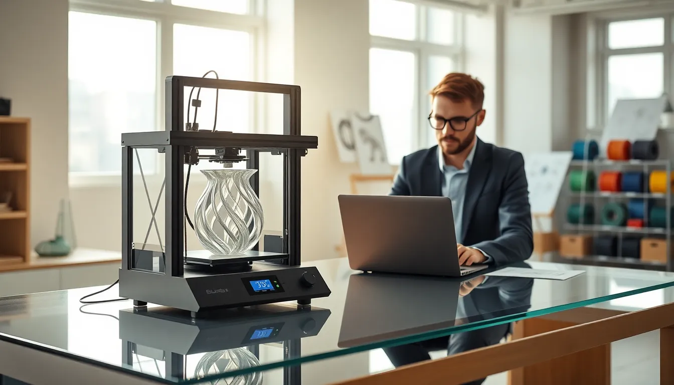 3D printer creating a transparent object in a modern workspace.