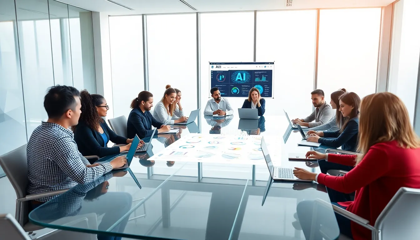 diverse professionals discussing artificial intelligence in a modern conference room.