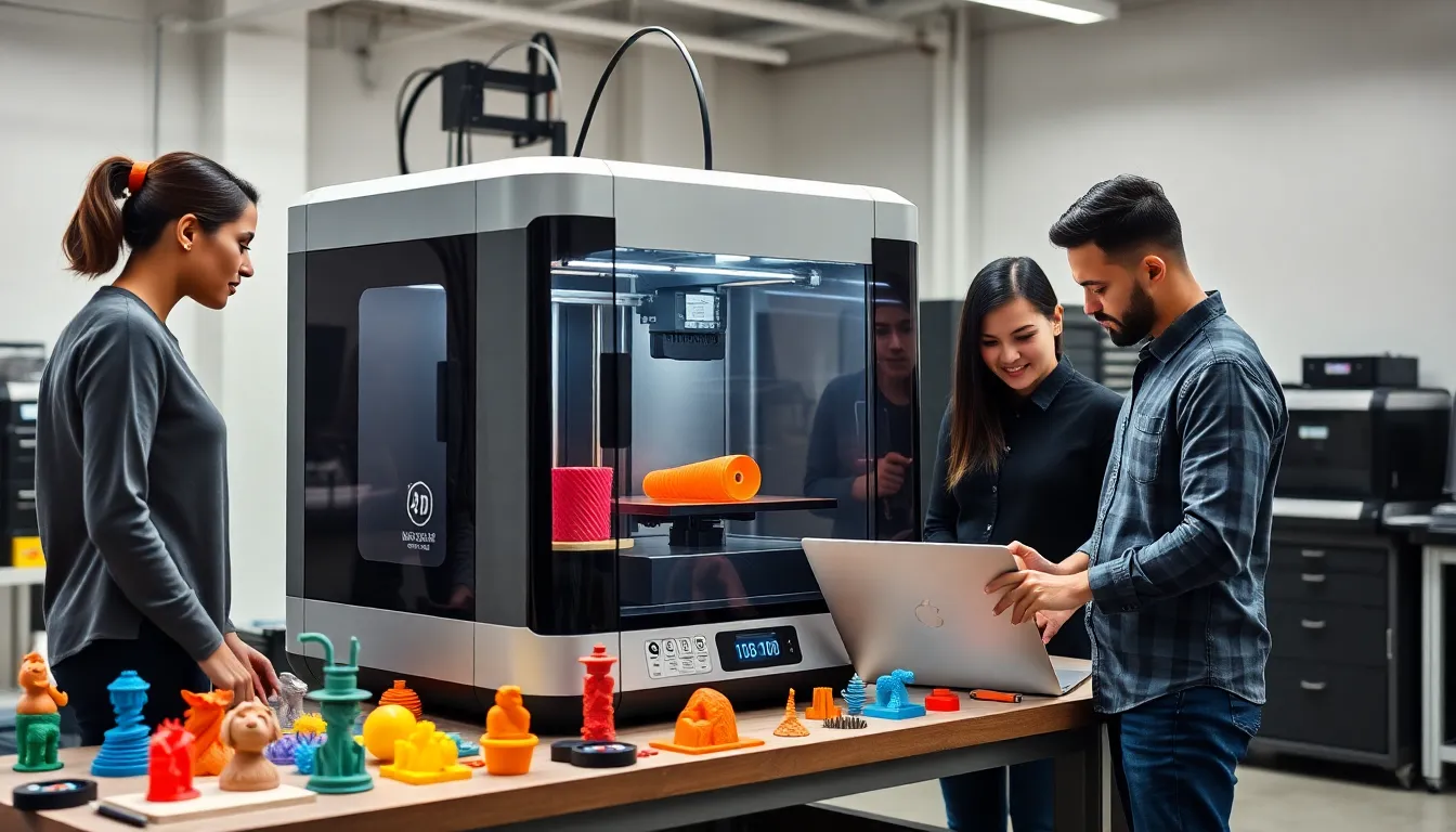 3D printing machine in a modern workshop with professionals collaborating.
