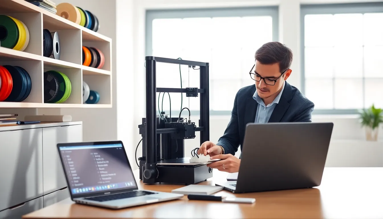 engineer calibrating a 3D printer in a modern workspace.