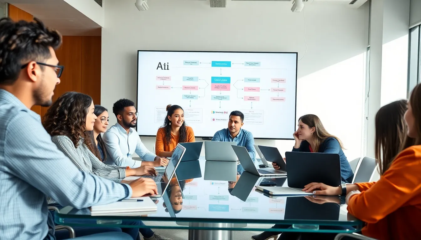 diverse students collaborating on an artificial intelligence project in a modern classroom.