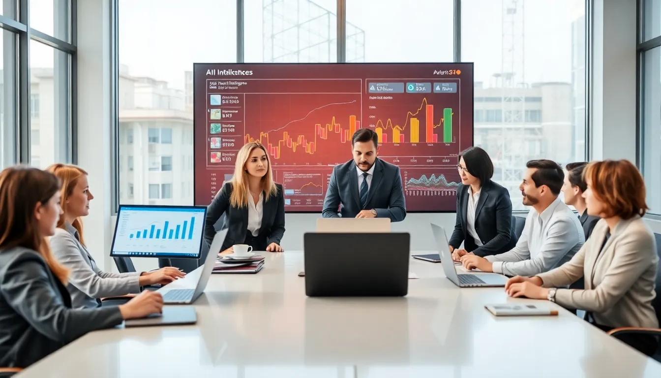 diverse team in a modern office analyzing data with AI tools.